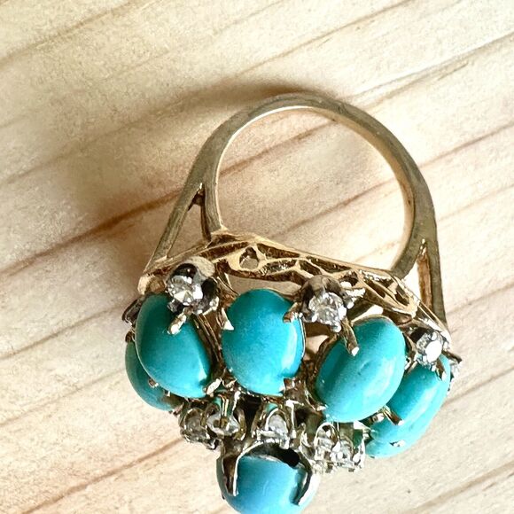 Vintage Diamond Turquoise Cocktail Ring Bombe Style - Picture 2 of 9